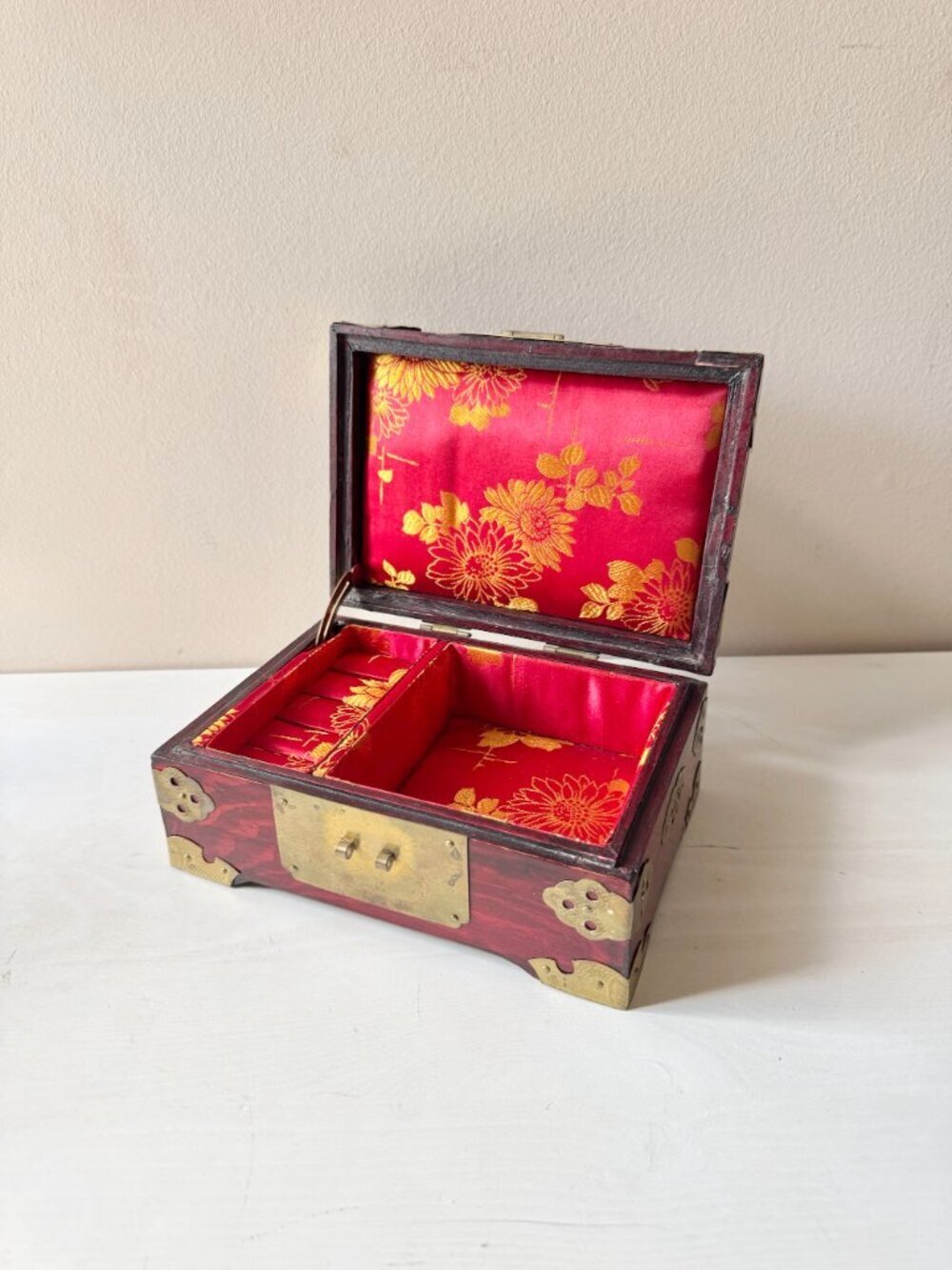 Vintage Chinese Wood Brass Jade Red Satin Lined Jewelry Box